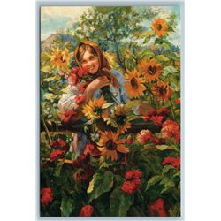 RUSSIAN GIRL Mordvinian Type Sunflower Garden Ethnic by Sychkov New Postcard