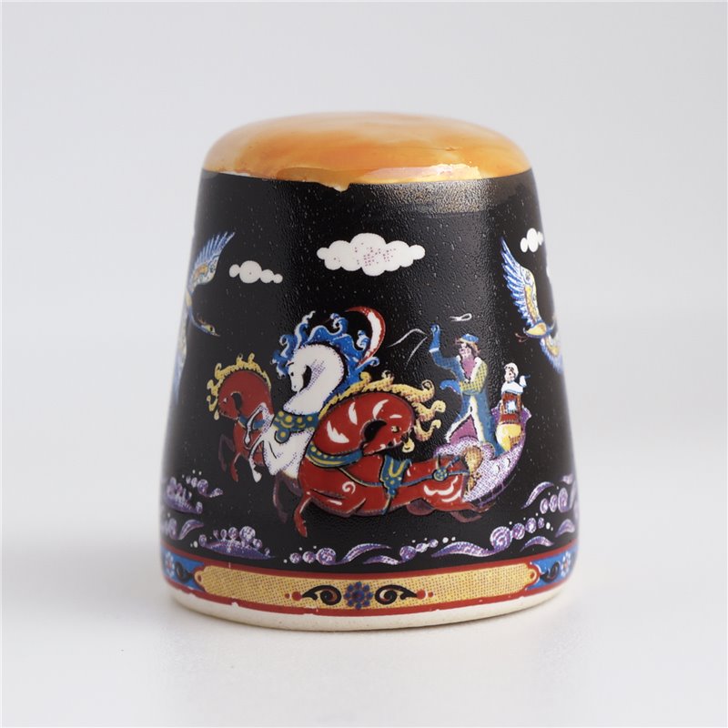 Thimble RUSSIAN TROIKA Swan Tale PALEKH Painting Solid Porcelain Ethnic Souvenir