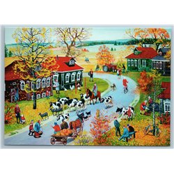 AUTUMN HARVEST in Russian Village Pumpkin Cows Tractor House New Postcard