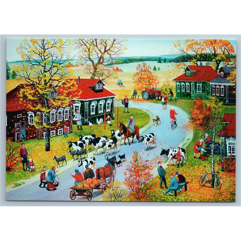 AUTUMN HARVEST in Russian Village Pumpkin Cows Tractor House New Postcard