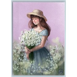 CHARMING GIRL w/ bouquet of wildflowers in field Romance Long Hair New Postcard