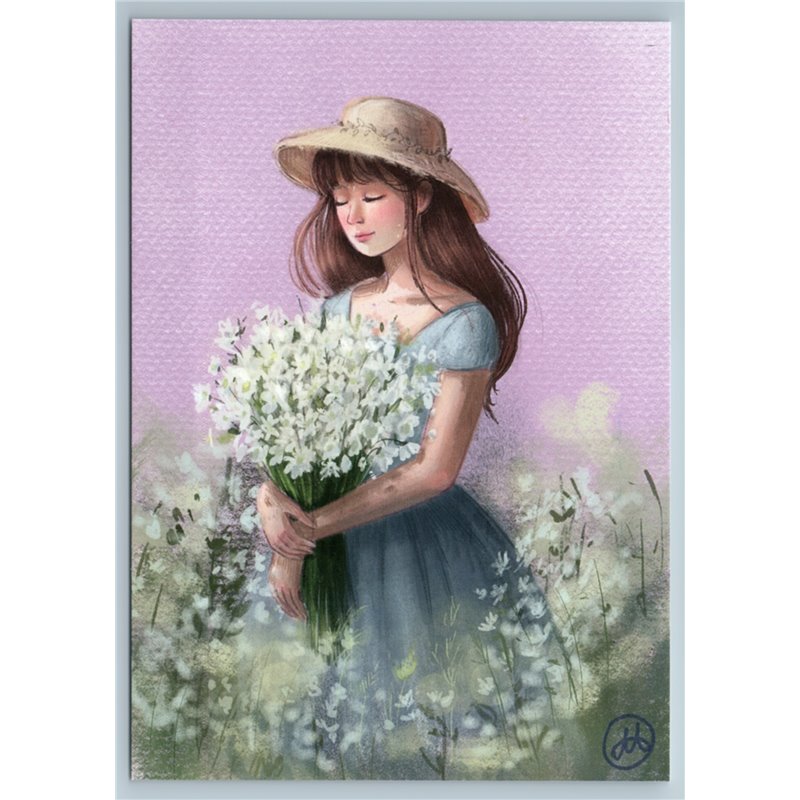 CHARMING GIRL w/ bouquet of wildflowers in field Romance Long Hair New Postcard