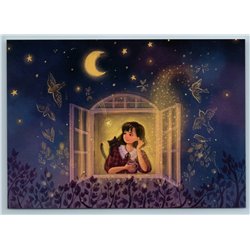 PRETTY LITTLE GIRL with Black Cat Dreamer Window Magic Night Bird New Postcard