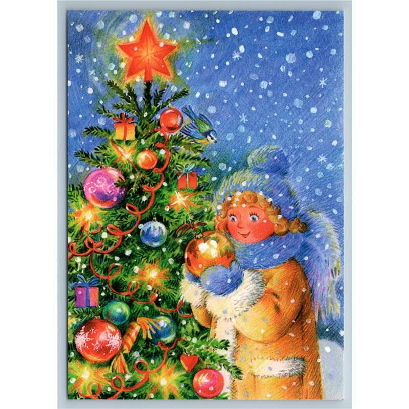 LITTLE GIRL near Decorate Christmas Tree Ball by Uvarova Russian New Postcard