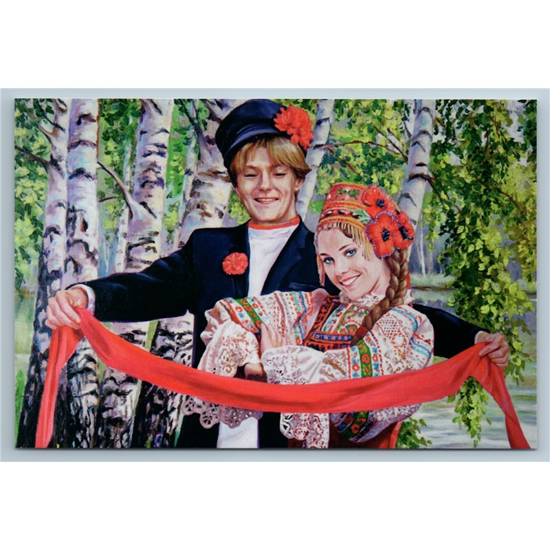 PRETTY WOMAN Man Russian Type Ethnic Folk Dress Couple in Forest New Postcard