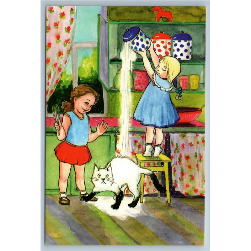 LITTLE GIRLS sprinkled CAT with Flour Kitchen Comic Humor Russian New Postcard