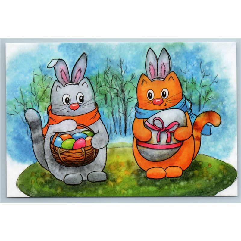 TWO CATS as EASTER Bunny Rabbits Hare with Paschal Eggs Humor New Postcard