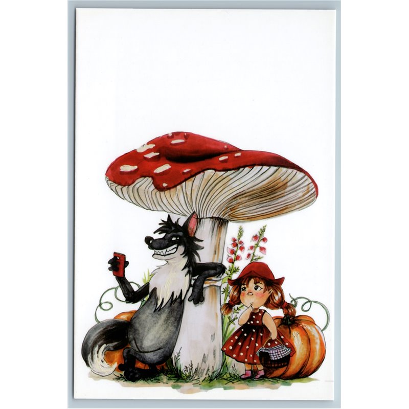 LITTLE RED RIDING HOOD and Gray Wolf Selfie FLY AGARIC mushroom New Postcard