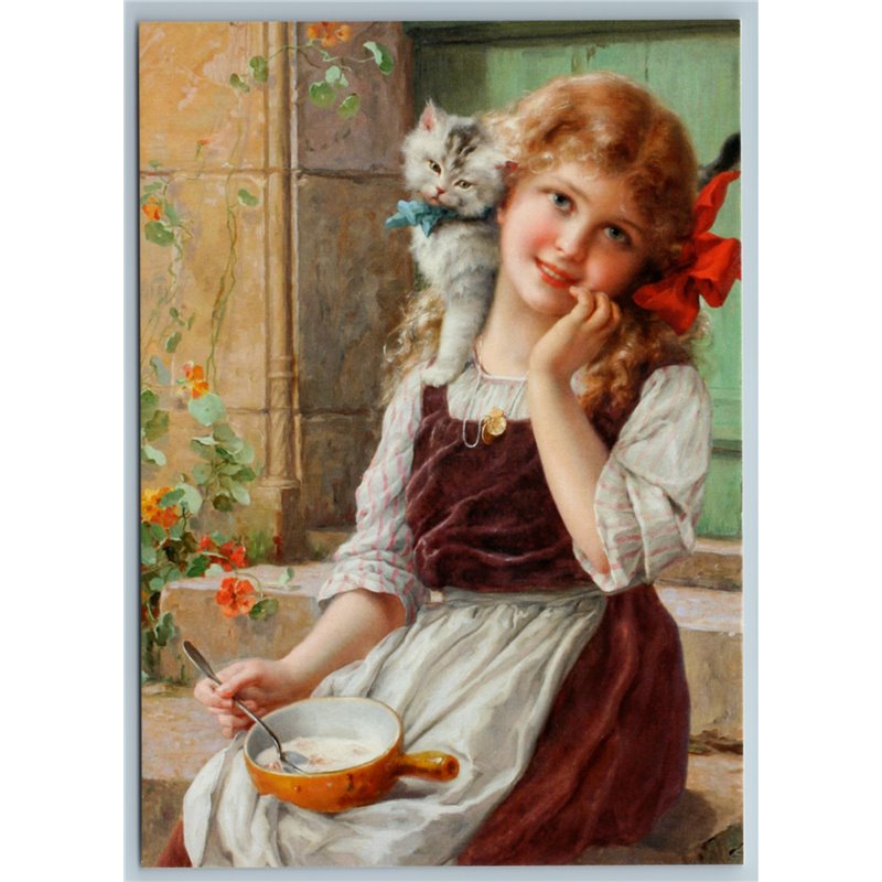 PRETTY LITTLE GIRL with CAT Kitten eat soup by Emile Vernon Russian New Postcard