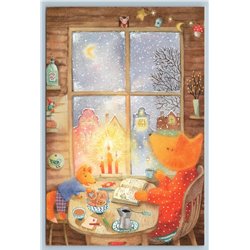 RED FOX read Book by Window Candle Tea Party Kitchen City View New Postcard