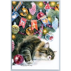 FAT CAT under Christmas Tree Decorate Toy Holiday Eve Russian New Postcard