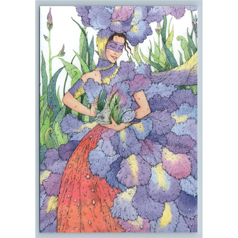 PRETTY WOMAN Long Hair Princess of Iris Flower Unusual Russian New Postcard