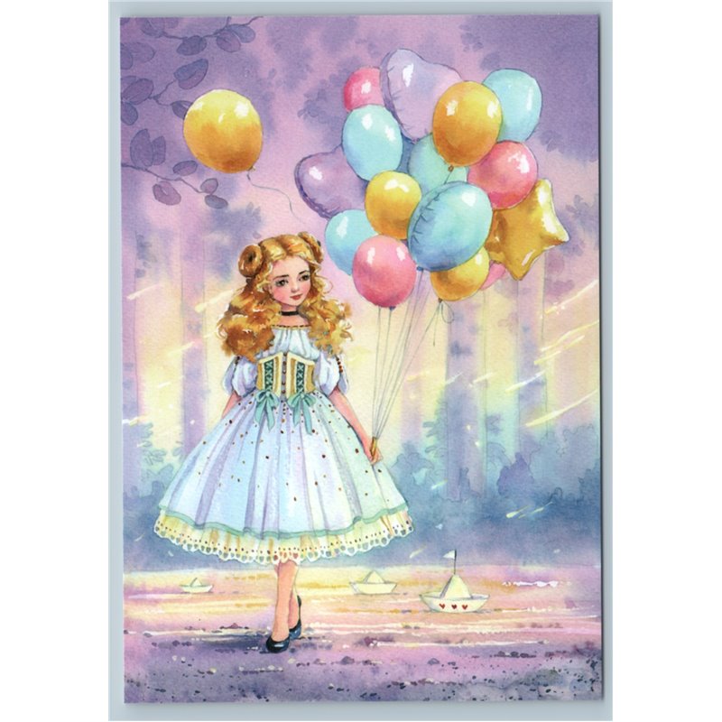 LITTLE GIRL in fashion dress with Balloons Manga Style Russian New Postcard