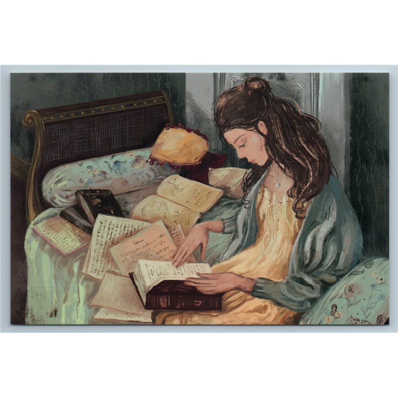 PRETTY WOMAN read Book on Sofa Long Hair Cute Russian New Postcard