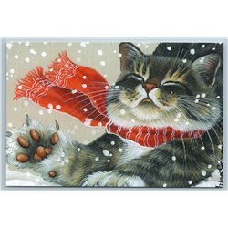 FUNNY CAT in Scarf Sweet stretches Snow Winter Humor Russian New Postcard