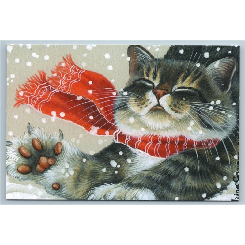 FUNNY CAT in Scarf Sweet stretches Snow Winter Humor Russian New Postcard