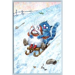 COUPLE CATS sledding down the mountain Snow Winter Fun Russian New Postcard