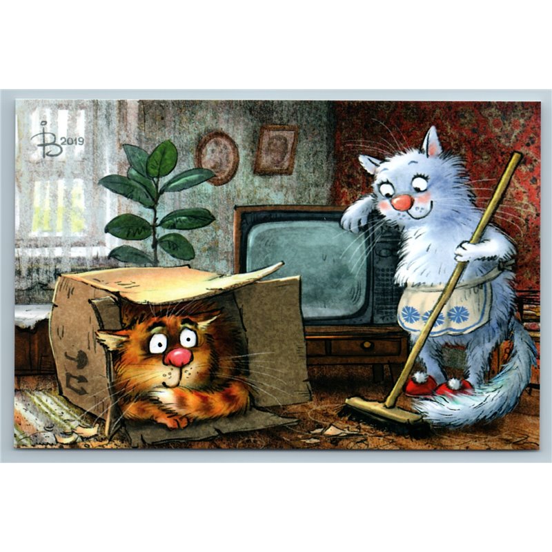 FUNNY CAT in Box New Tv -Set Russian Home Comic Humor by Zeniuk New Postcard