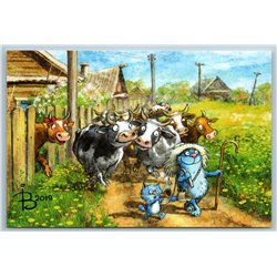 FUNNY CATS on COW Farm Russian Peasant Village by Zeniuk Russian New Postcard