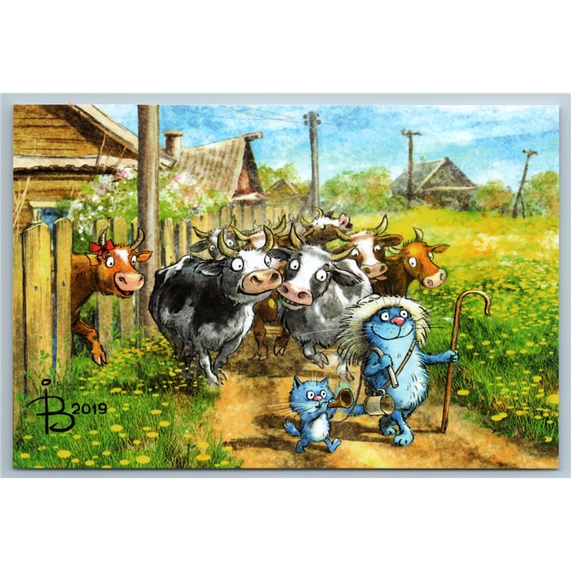 FUNNY CATS on COW Farm Russian Peasant Village by Zeniuk Russian New Postcard