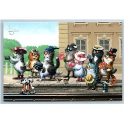 ANTHROPOMORPHIC CATS on Train Station Railroad Railway Russian New Postcard