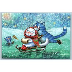 ANTHROPOMORPHIC CATS sledding on ice rink Snow Winter Fun Russian New Postcard