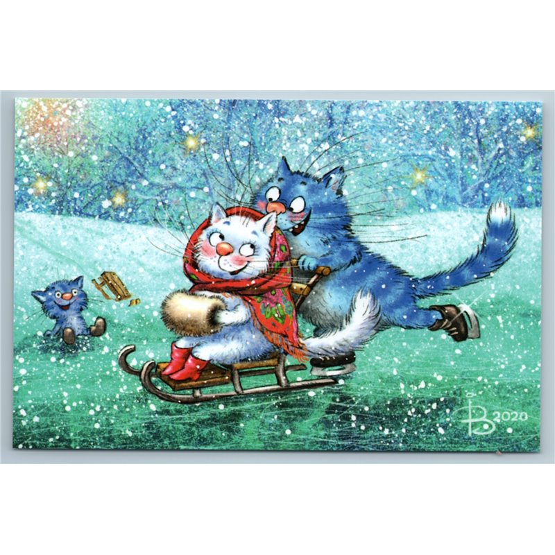 ANTHROPOMORPHIC CATS sledding on ice rink Snow Winter Fun Russian New Postcard