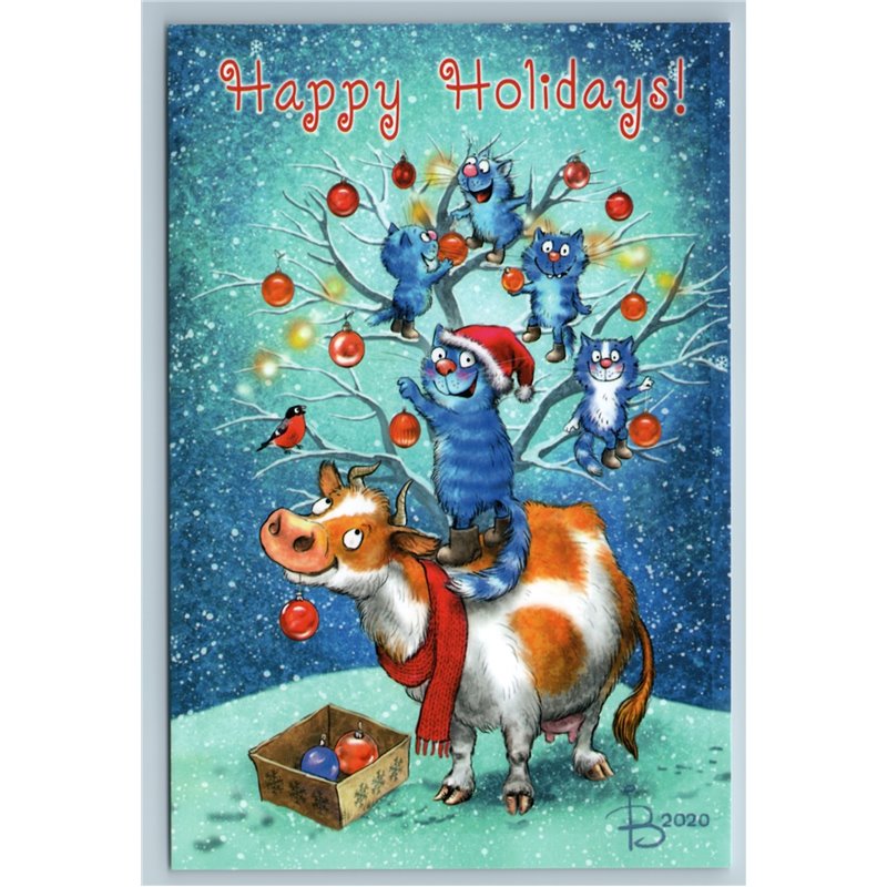 BLUE CATS decorate Christmas Tree COW Snow Winter Happy Holydays New Postcard