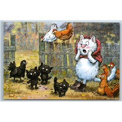 FUNNY CATS Three little devil Chicken Cock Peasant by Zeniuk Russia New Postcard