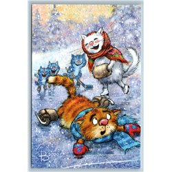 CAT HOCKEY funny fell on ice skates Play Game Comic Humor Russian New Postcard