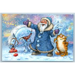 DED MOROZ Santa Red Cat Horse eat Apple Christmas New Year Russian New Postcard