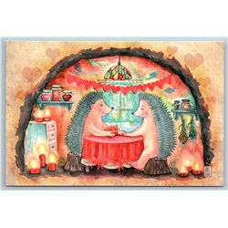 HEDGEHOGS Couple celebrating Valentine Day Kitchen Home House Russian Postcard