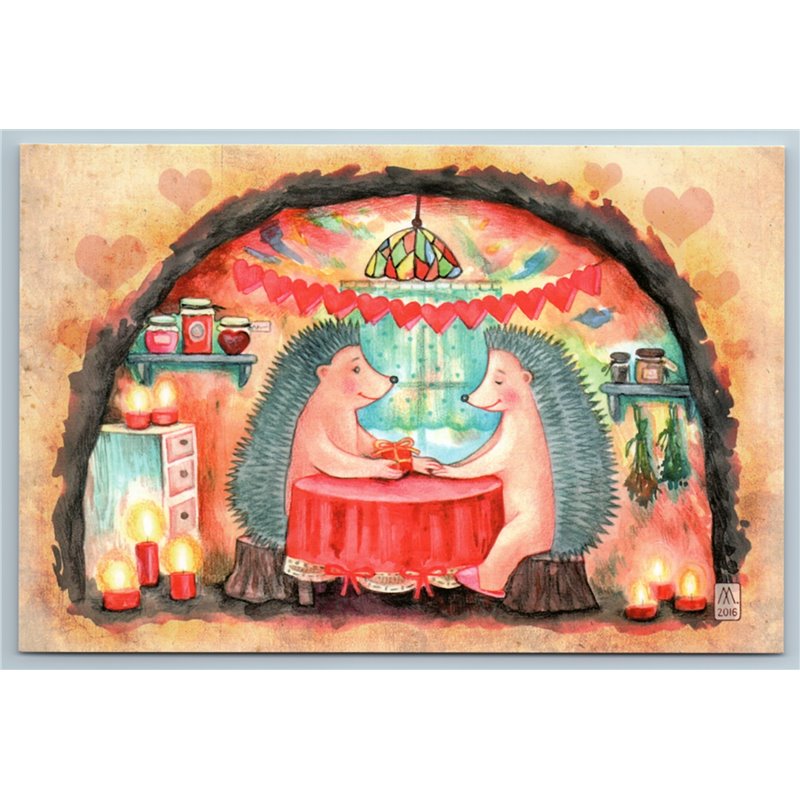 HEDGEHOGS Couple celebrating Valentine Day Kitchen Home House Russian Postcard