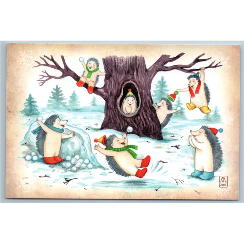 FUNNY HEDGEHOGS play Snow Ball Winter Forest Fun Christmas Russian New Postcard