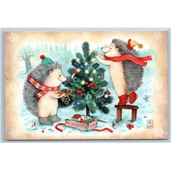 HEDGEHOGS decorate Christmas Tree Mushrooms Ball Funny Russian New Postcard