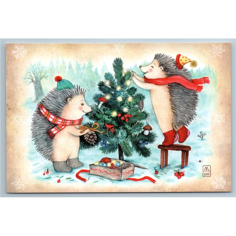 HEDGEHOGS decorate Christmas Tree Mushrooms Ball Funny Russian New Postcard