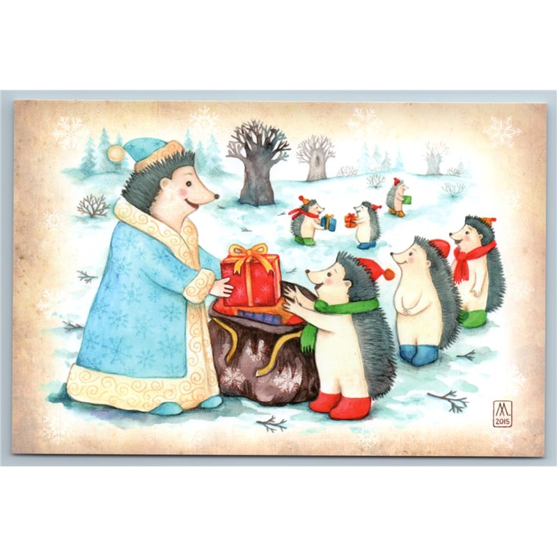 SANTA CLAUS Ded Moroz gives present Hedgehogs in Snow Winter Forest New Postcard