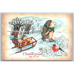 HEDGEHOGS on sled Sleight New Year Bullfinch Snow Winter Forest New Postcard