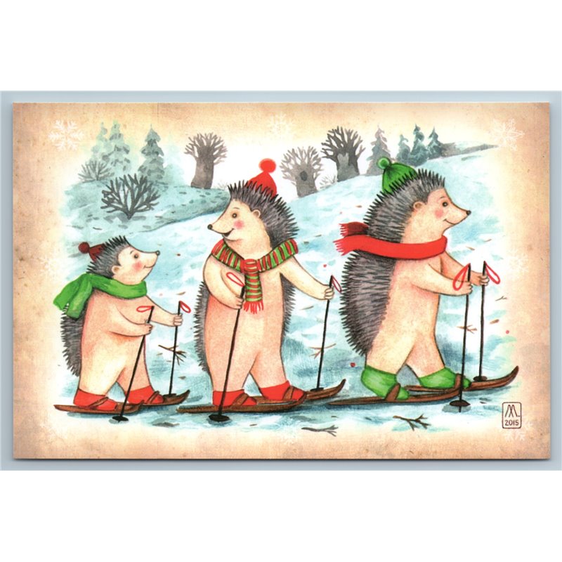 HEDGEHOGS Family skiing in Snow Winter Forest Funny Russian New Postcard