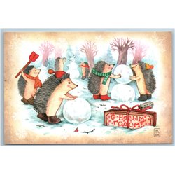 HEDGEHOG make Snowman Snow Ball New Year Snow Winter Forest Russian New Postcard