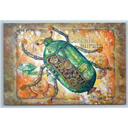 STEAMPUNK GOLDEN BEETLE Cetonia Aurata Unusual Insect Graphic Russian Postcard