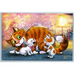 CUTE CAT with Kittens licking kid Fantasy Lamp Gold Fish Russian New Postcard