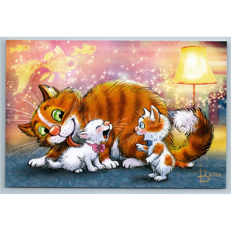 CUTE CAT with Kittens licking kid Fantasy Lamp Gold Fish Russian New Postcard