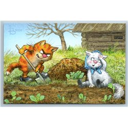 FUNNY CATS in Garden Tired Gardeners Seedling Country house Russian New Postcard