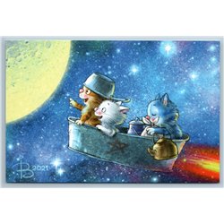 CATS Kittens Flight to Moon Space 2021 Universe Comic Fantasy New Postcard