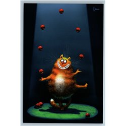 RED CAT as Clown CIRCUS juggles apples in arena Funny Comic Russian New Postcard