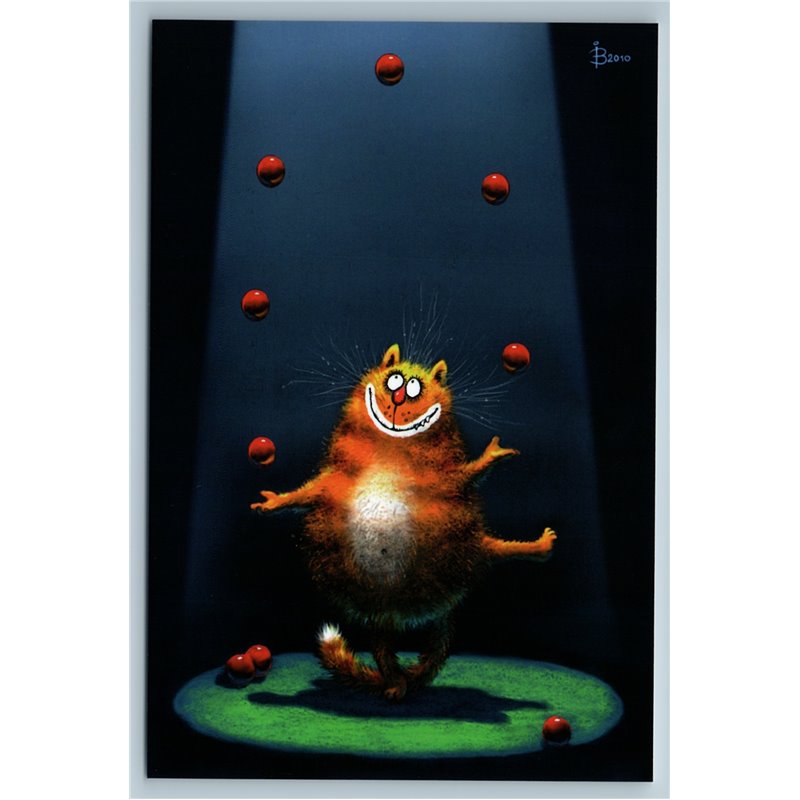 RED CAT as Clown CIRCUS juggles apples in arena Funny Comic Russian New Postcard