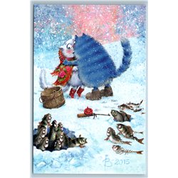 BLUE CAT on winter fishing Fish FUNNY by Zeniuk Comic Humor Russian New Postcard