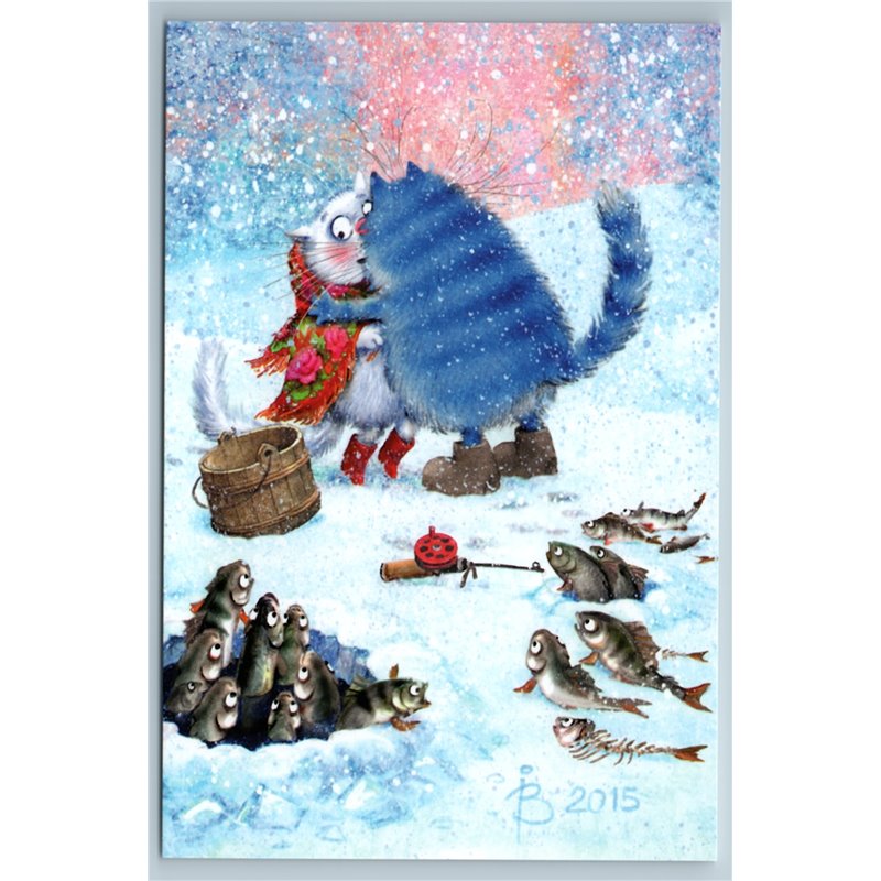 BLUE CAT on winter fishing Fish FUNNY by Zeniuk Comic Humor Russian New Postcard