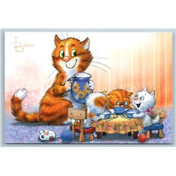 CAT FAMILY Mom feeds kittens Breakfast Milk Jug Mouse Toy Russian New Postcard